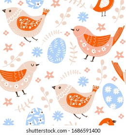 Easter seamless pattern with cute various birds, eggs, flowers and leaves. Texture for textile, postcard, wrapping paper, packaging etc. Vector illustration.