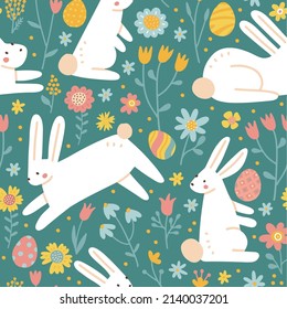 Easter seamless pattern with cute white bunnies, eggs and flowers. Cute spring beackground, great for banners, wallpapers, wrapping, textiles. Flat hand drawn vector illustration.