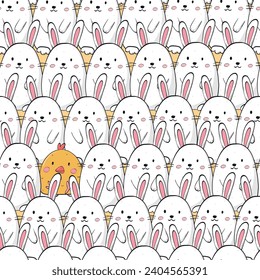 Easter seamless pattern with cute white bunnies and a chick for nursery textile prints, wallpaper, scrapbooking, stationary, wrapping paper, etc. EPS 10