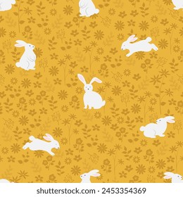 Easter seamless pattern with cute white bunny on spring garden,vector illustration