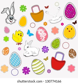 Easter seamless pattern with decorated eggs, bunny and chicks.