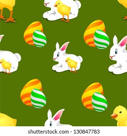 Easter seamless pattern with decorated eggs and with rabbits.