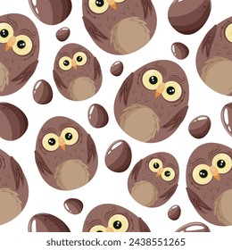 Easter seamless pattern with decorated eggs with brown owls and brown eggs for holiday poster, textile or wrapping