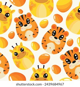 Easter seamless pattern with decorated eggs with orange tigers and orange giraffes and orange eggs for holiday poster, textile or wrapping