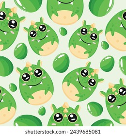 Easter seamless pattern with decorated eggs with green dragons and green eggs for holiday poster, textile or wrapping