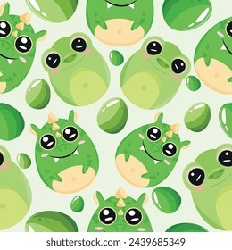 Easter seamless pattern with decorated eggs with green dragons and green frogs and green eggs for holiday poster, textile or packaging