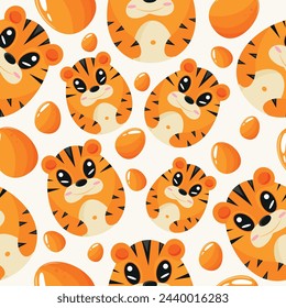 Easter seamless pattern with decorated eggs with orange tigers and orange eggs for holiday poster, textile or packaging	