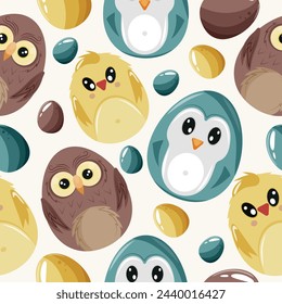 Easter seamless pattern with decorated eggs with yellow chicks, blue penguins and brown owls and colored eggs for holiday poster, textile or packaging