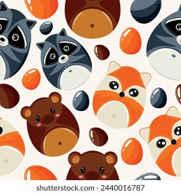 Easter seamless pattern with decorated eggs with brown bears, orange foxes and raccoons and colored eggs for holiday poster, textile or wrapping