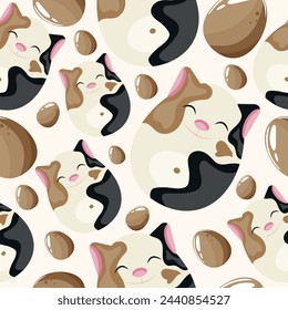 Easter seamless pattern with decorated eggs with spotted cats and brown eggs for holiday posters, textiles or packaging	