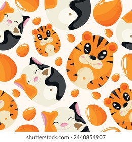 Easter seamless pattern with decorated eggs with spotted cats and orange tigers and orange eggs for holiday poster, textile or wrapping