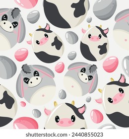 Easter seamless pattern with decorated eggs with cows and donkeys and gray and pink eggs for holiday posters, textiles or packaging