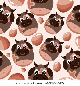 Easter seamless pattern with decorated eggs with brown bull and brown eggs for holiday poster, textile or packaging	