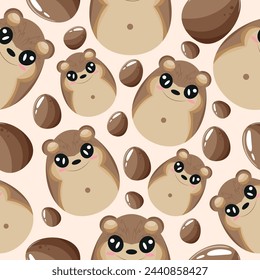 Easter seamless pattern with decorated eggs with brown beavers and brown eggs for holiday posters, textiles or packaging	