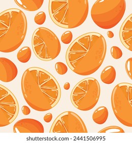 Easter seamless pattern with decorated eggs with juicy oranges and orange eggs for holiday poster, textile or packaging	