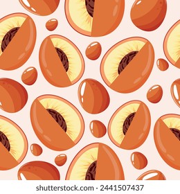 Easter seamless pattern with decorated eggs with juicy peaches and orange eggs for holiday poster, textile or packaging