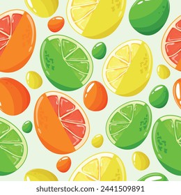 Easter seamless pattern with decorated eggs with juicy oranges with lime and lemon and orange, yellow, green eggs for holiday poster, textile or packaging