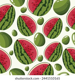 Easter seamless pattern with decorated eggs with juicy watermelon and green eggs for holiday poster, textile or packaging