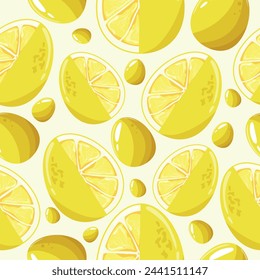 Easter seamless pattern with decorated eggs with juicy lemon and yellow eggs for holiday poster, textile or packaging	