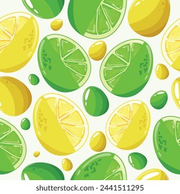 Easter seamless pattern with decorated eggs with juicy lemon with lime and yellow and green eggs for holiday poster, textile or packaging