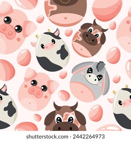 Easter seamless pattern with decorated eggs with cows, pig, bull and donkeys and pink eggs for holiday posters, textiles or packaging