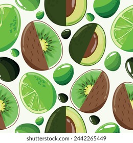 Easter seamless pattern with decorated eggs with juicy kiwi, lime, avocado and brown eggs for holiday poster, textile or packaging