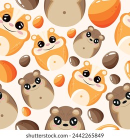 Easter seamless pattern with decorated eggs with orange hamster and beaver and orange eggs for holiday poster, textile or wrapping