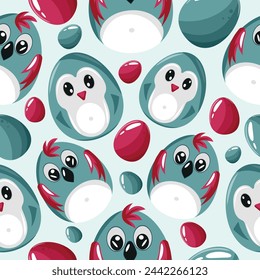 Easter seamless pattern with decorated eggs with blue penguins, parrot and blue eggs, for holiday posters, textiles or packaging