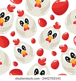 Easter seamless pattern with decorated eggs with rooster and red eggs for holiday posters, textiles or packaging	