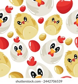 Easter seamless pattern with decorated eggs with yellow chickens and rooster and yellow ,redeggs for holiday posters, textiles or packaging