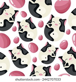 Easter seamless pattern with decorated eggs with black cats and pink eggs for holiday posters, textiles or packaging	