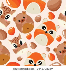 Easter seamless pattern with decorated eggs with brown bear, orange foxes and deer and colored eggs for holiday poster, textile or wrapping