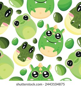 Easter seamless pattern with decorated eggs with green dragons, crocodile and green eggs for holiday poster, textile or wrapping