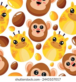 Easter seamless pattern with decorated eggs with orange giraffes, brown monkey and orange, brown eggs for holiday poster, textile or wrapping