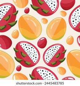 Easter seamless pattern with decorated eggs with drunk, mango and red, yellow eggs for holiday poster, textile or packaging	