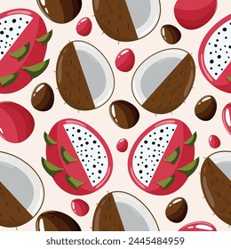 Easter seamless pattern with decorated eggs with drunk, coconut and red, brown eggs for holiday poster, textile or packaging	