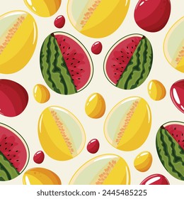 Easter seamless pattern with decorated eggs with melon and watermelon and red, yellow eggs for holiday poster, textile or packaging