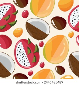 Easter seamless pattern with decorated eggs with drunk, mango, coconut and red, yellow, brown eggs for holiday poster, textile or packaging