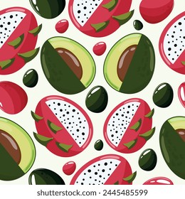 Easter seamless pattern with decorated eggs with drunk, avocado and red, green eggs for holiday poster, textile or packaging