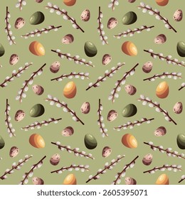 Easter seamless pattern with decorated easter eggs and willows. Vector illustration for scrapbooking, background, wrapping paper.	