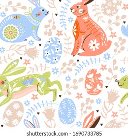 Easter seamless pattern with decorative bunny, various colored eggs, flowers and leaves. Texture for textile, postcard, wrapping paper, packaging etc. Vector illustration.