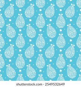 Easter seamless pattern with decorative eggs. A white outline on a blue background. For Easter holiday, website, fabric printing, tablecloth, gift wrapping and wallpaper.