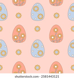 Easter Seamless pattern with decorative paschal egg with flowers on pink background. Holiday Vector illustration