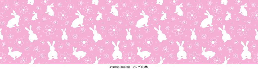 Easter seamless pattern. Design of background with bunnies and flowers. Panoramic header. Vector illustration