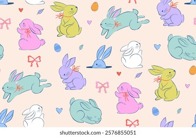 Easter seamless pattern design, Easter background hand drawn sweet illustrations of bunnies, eggs, bows, flowers and basket in dolce vita cute style, pastel colors vector illustrations