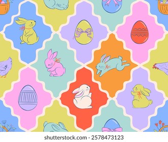 Easter seamless pattern design, Easter background hand drawn sweet illustrations of bunnies, eggs, bows, flowers and basket in dolce vita cute style, pastel colors vector illustrations