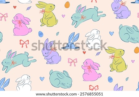 Easter seamless pattern design, Easter background hand drawn sweet illustrations of bunnies, eggs, bows, flowers and basket in dolce vita cute style, pastel colors vector illustrations