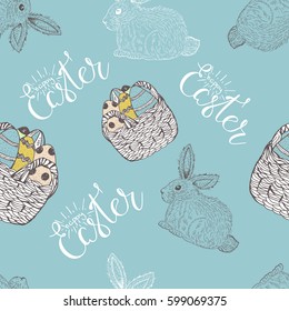 Easter seamless pattern design with bunnies and eggs.Stock vector