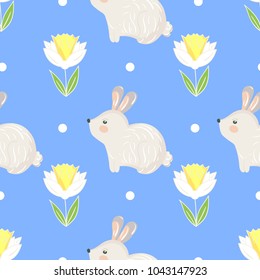 Easter seamless pattern design with bunnies,rabbits,lettering and eggs.Stock vector