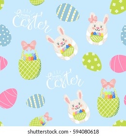 Easter seamless pattern design with bunnies,rabbits,lettering and eggs.Stock vector